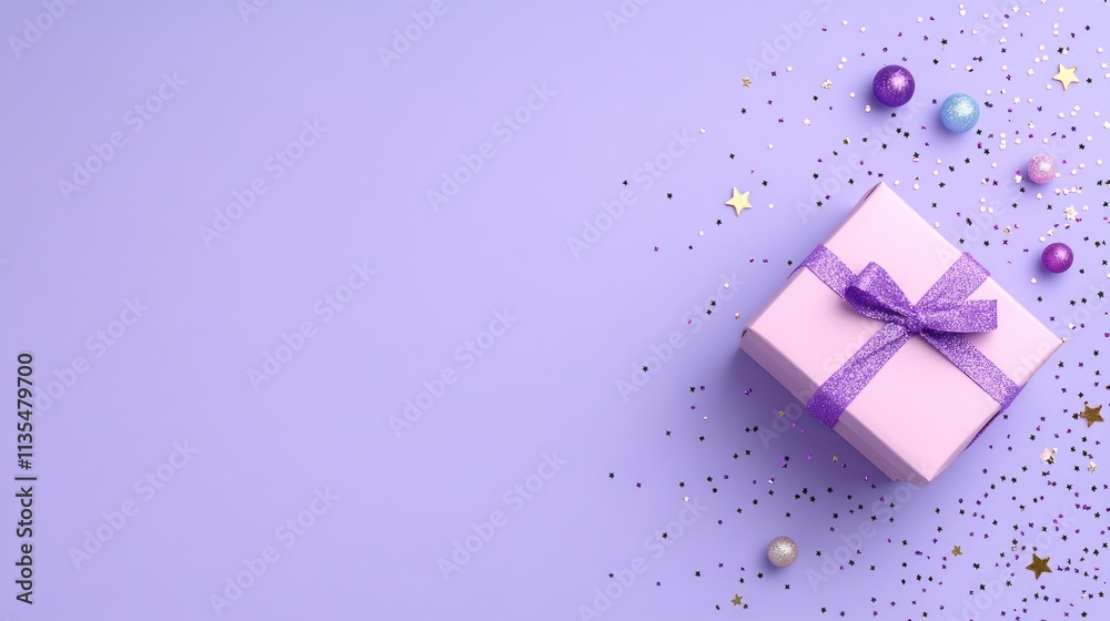 Lilac Gift Boxes & Celebratory Baubles on Purple Background - Perfect for Personalized Messages and Celebrations Lilac Gift Boxes & Celebratory Baubles on Purple Background - Perfect for Personalized Messages and Celebrations