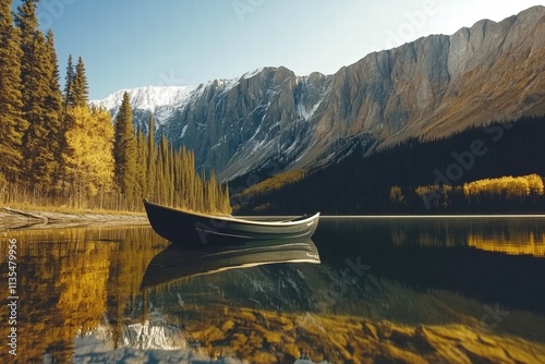 Tranquil Mountain Lake with Canoe Reflection by Generative Ai photo