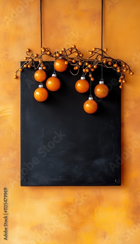 Blackboard with black and orange airballs holiday decor and empty space on orange wall background photo