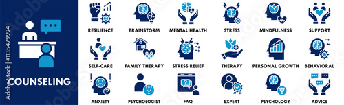 Counseling icon collection set. Containing design counseling, therapy, psychology, consultation, patient, advice