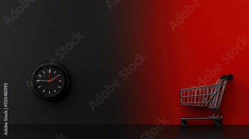 Black Friday Shopping: Alarm Clock in Cart on Red Wall