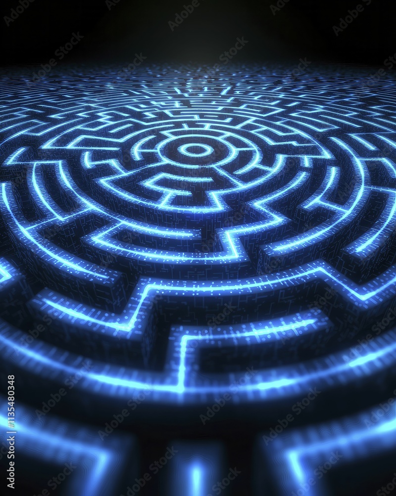 Intricate labyrinth formed by glowing pathways crossing, deep black backdrop, principles of compliance and governance illustrated. Intricate labyrinth formed by glowing pathways crossing, deep black backdrop, principles of compliance and governance illustrated.