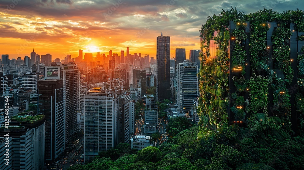 Obraz premium Sunset cityscape with a vertical green building.