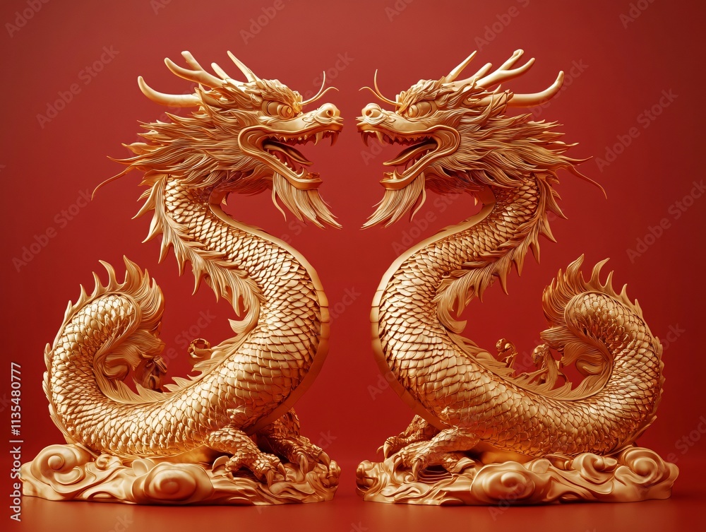 A striking image of golden dragons symbolizing power and elegance, perfect for Lunar New Year celebrations, cultural events, and promotional materials. A striking image of golden dragons symbolizing power and elegance, perfect for Lunar New Year celebrations, cultural events, and promotional materials.