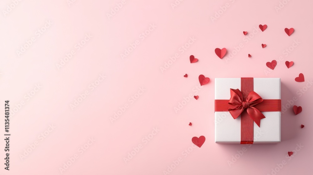 Romantic Valentine's Day Gift with Red Ribbon and Hearts on Pink Background Romantic Valentine's Day Gift with Red Ribbon and Hearts on Pink Background