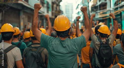 Labor Rights Demonstration with Workers Protesting in City Streets photo