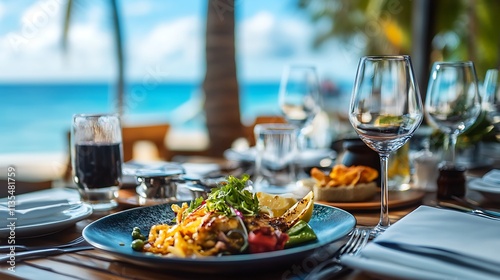 Luxury beachfront dining experience. Delicious seafood dish on a table with ocean view.