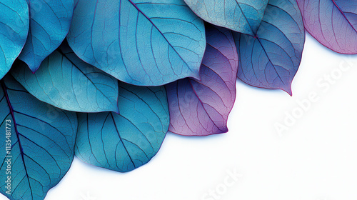 A cut-out style of a vibrant cluster of exotic teal-colored leaves with subtle purple undertones, arranged symmetrically on a pure white background, each leaf outlined sharply for perfect clarity
