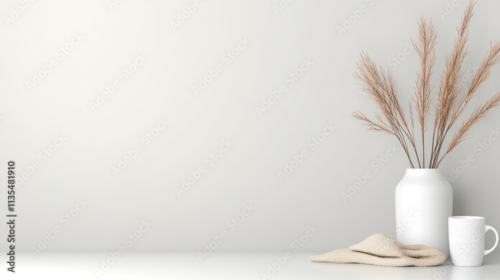 Winter Minimalism: Simple Scandinavian Setup with White Vase, Frosted Pine Branches, Paper Ornament, and Knitted Scarf Winter Minimalism: Simple Scandinavian Setup with White Vase, Frosted Pine Branches, Paper Ornament, and Knitted Scarf