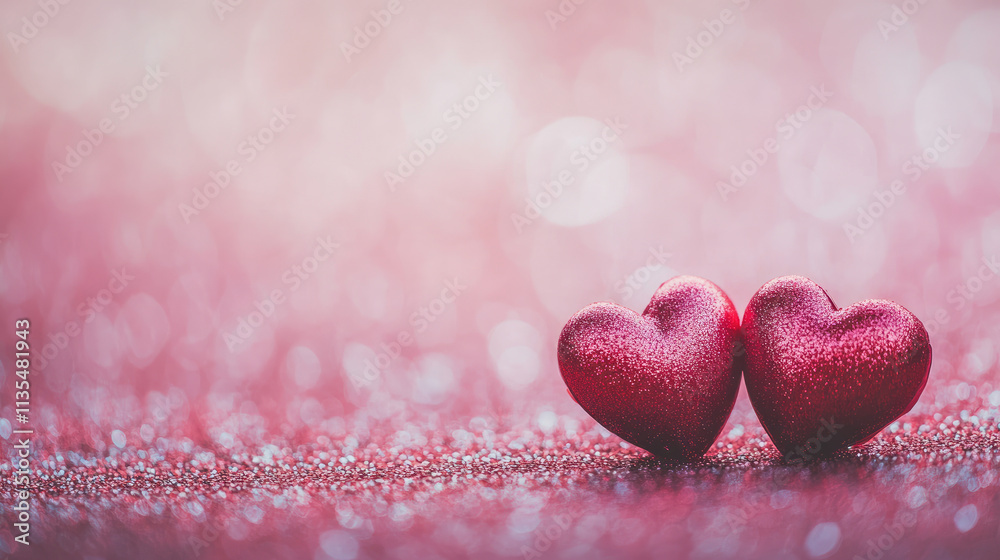 Fototapeta premium Two glittery red heart shapes on a sparkling pink background, symbolizing love and affection.