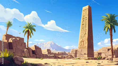 Tall stone obelisk; ancient carvings, hieroglyphs. Obelisk. Illustration photo