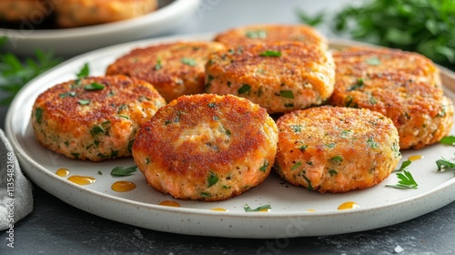 A collection of salmon cakes arranged in various shapes, displayed on a glossy white plate with subtle herb garnishes and sauce droplets