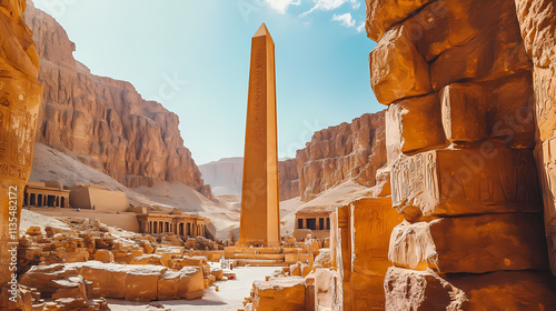 The towering obelisk of hatshepsut's temple against a backdrop of rugged cliffs and a clear sky. Obelisk. Illustration