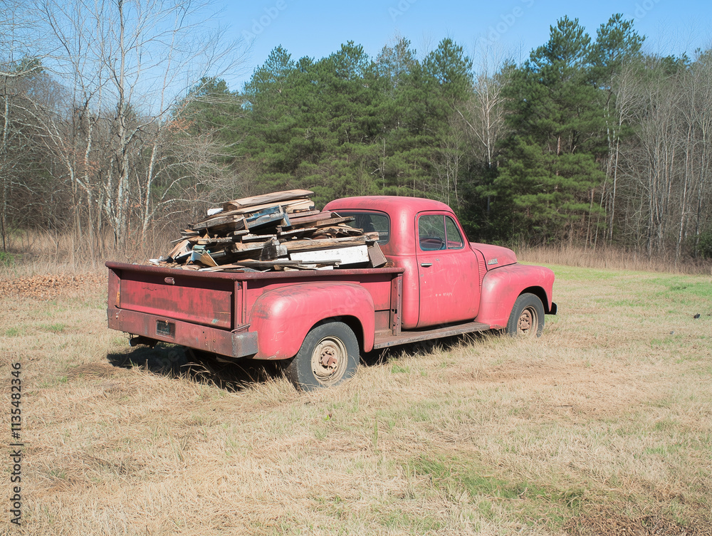 Red Pickup Truck with Wooden Pallets in Field Red Pickup Truck with Wooden Pallets in Field