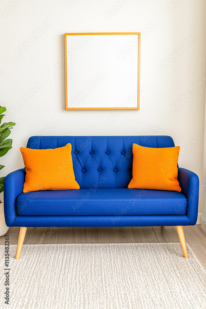 Blue Sofa, Orange Pillows, Blank Frame, Beige Rug Blue Sofa, Orange Pillows, Blank Frame, Beige Rug