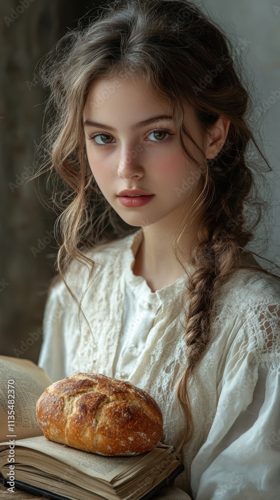 A young woman with braided hair, dressed in a vintage-style blouse, gazes thoughtfully while holding an aged book and a freshly baked bread loaf. A young woman with braided hair, dressed in a vintage-style blouse, gazes thoughtfully while holding an aged book and a freshly baked bread loaf.
