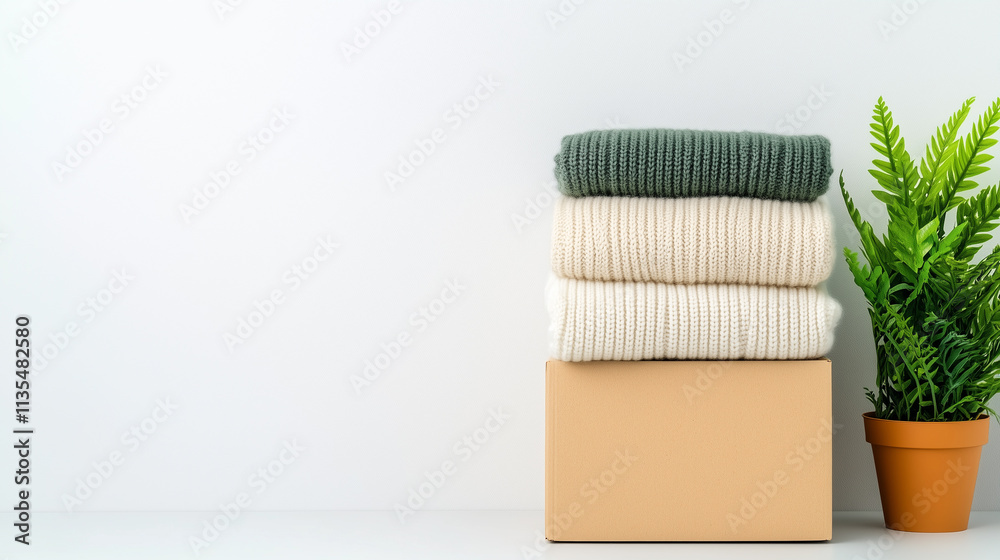 Stacked Knit Sweaters on Cardboard Box with Potted Fern Stacked Knit Sweaters on Cardboard Box with Potted Fern