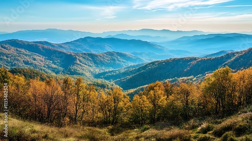 Autumnal Mountain Range Landscape. Scenic View of Colorful Fall Foliage and Misty Peaks.