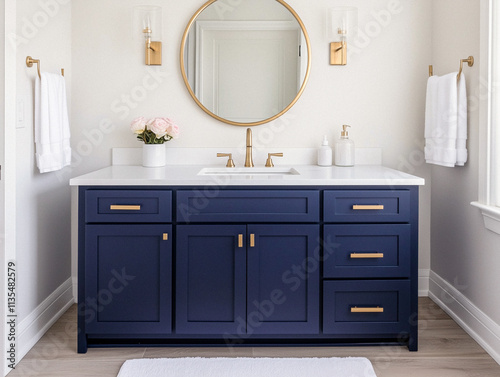 Navy Blue Bathroom Vanity with Gold Accents and White Quartz Countertop
