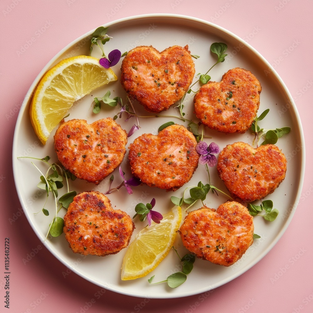 A plate of salmon cakes shaped like small, delicate hearts, decorated with fresh lemon slices and microgreens, set against a bright surface A plate of salmon cakes shaped like small, delicate hearts, decorated with fresh lemon slices and microgreens, set against a bright surface