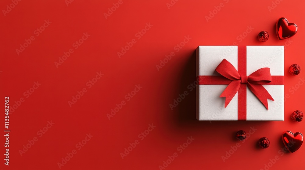 Love and Affection: Festive Valentine's Day Vertical Composition with Gift, Red Bow, and Heart-Shaped Ornaments on Red Background