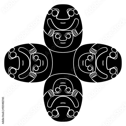 Geometrical cross shape design with stylized human figurines holding masks or heads. Indigenous Native American art from ancient Peru. Recuay culture. Black and white silhouette.