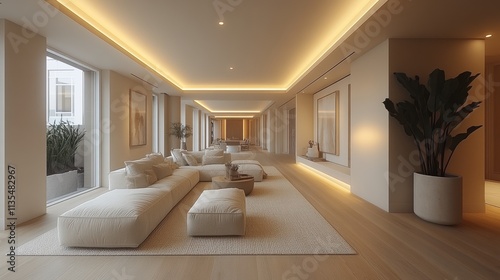 A beautifully designed modern living room featuring elegant lighting, sleek furniture, and lush indoor plants, creating a serene and stylish ambiance for relaxation and social gatherings.