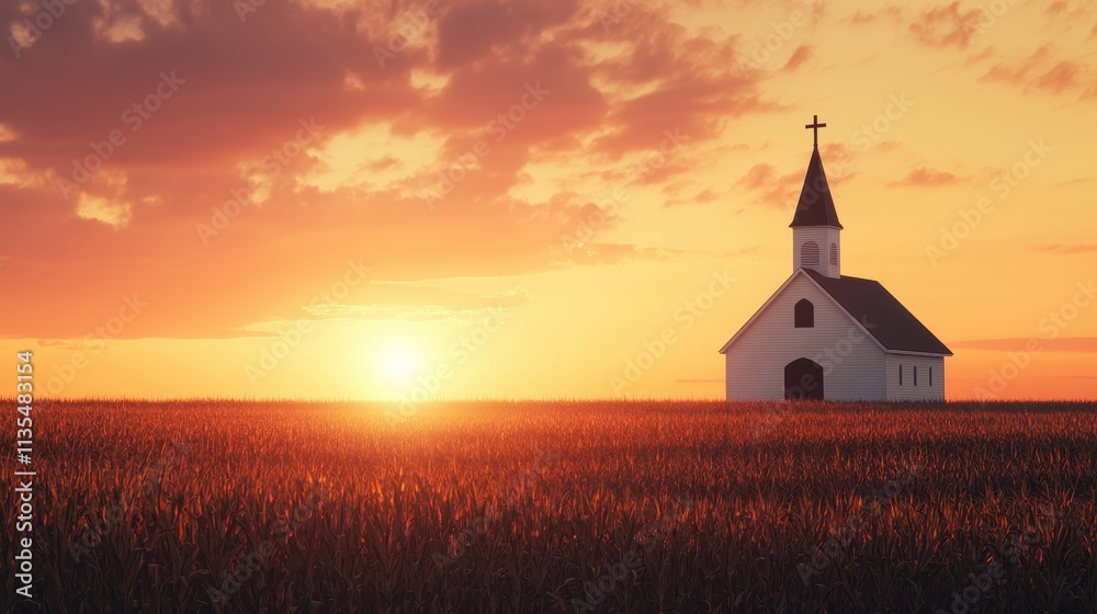 A Christian church in a corn field harvest sunset. Thanksgiving day , symbolizing peace and tranquility.