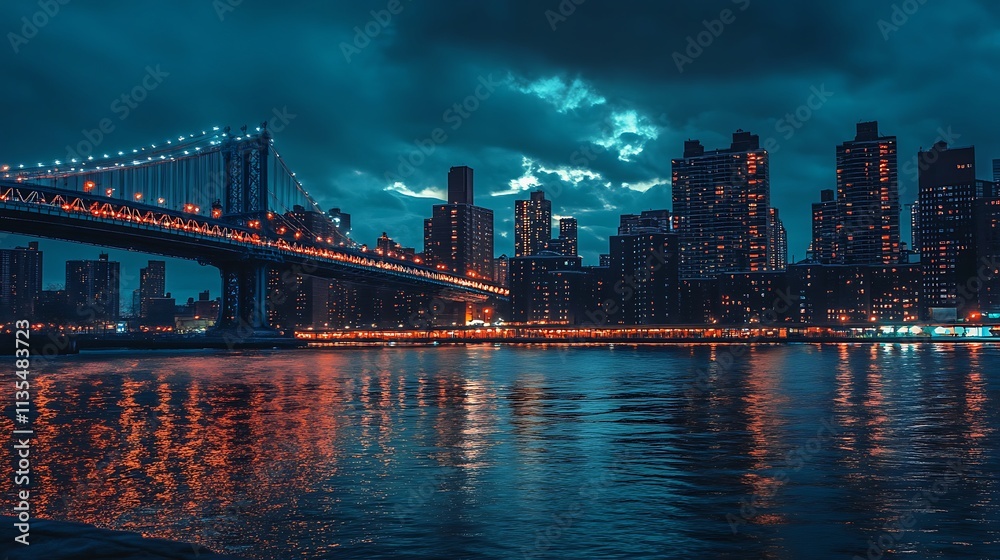 Obraz premium New York City Skyline at Night with Bridge. Urban Landscape, Cityscape, Metropolis