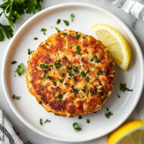 A single salmon cake shaped like a perfect circle, garnished with lemon wedges and fresh parsley, on a bright white plate photo