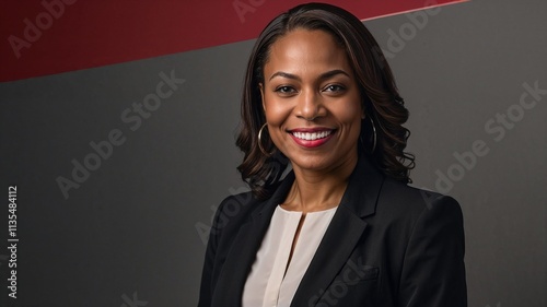 Confident and elegant businesswoman smiling in a professional portrait with a bold red and gray background. Perfect for themes of professionalism, inclusion, and career inspiration. photo