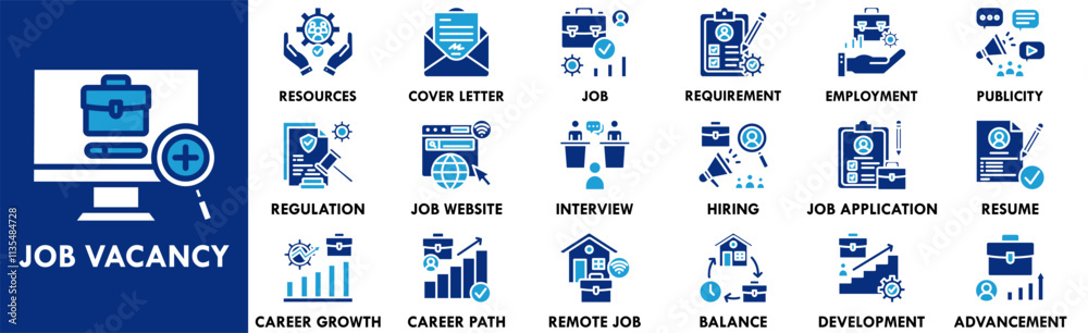 Job Vacancy icon collection set. Containing design vacancy, job, interview, career, recruitment, employment
Job Vacancy icon collection set. Containing design vacancy, job, interview, career, recruitment, employment