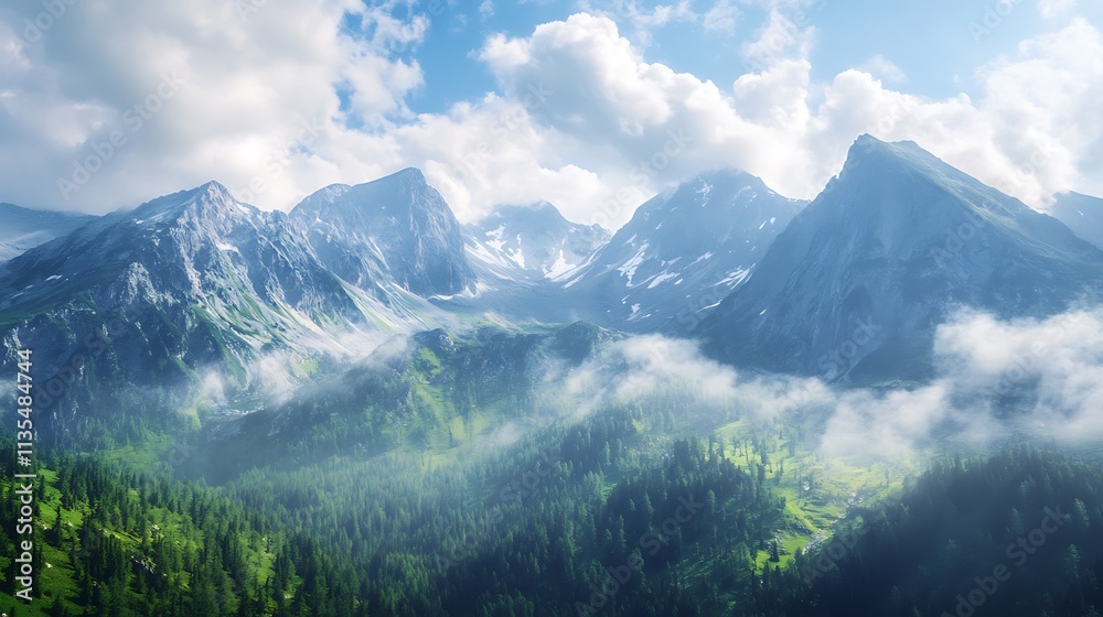 Fototapeta premium Majestic Mountain Range with Clouds and Lush Forests. Scenic Landscape.