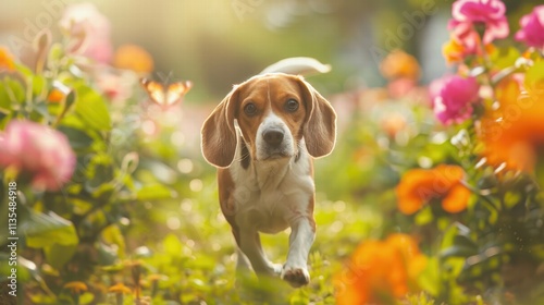 Playful beagle in a colorful flower garden