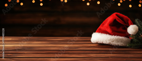 festive red s hat rests on wooden table, surrounded by warm lights, creating cozy holiday atmosphere