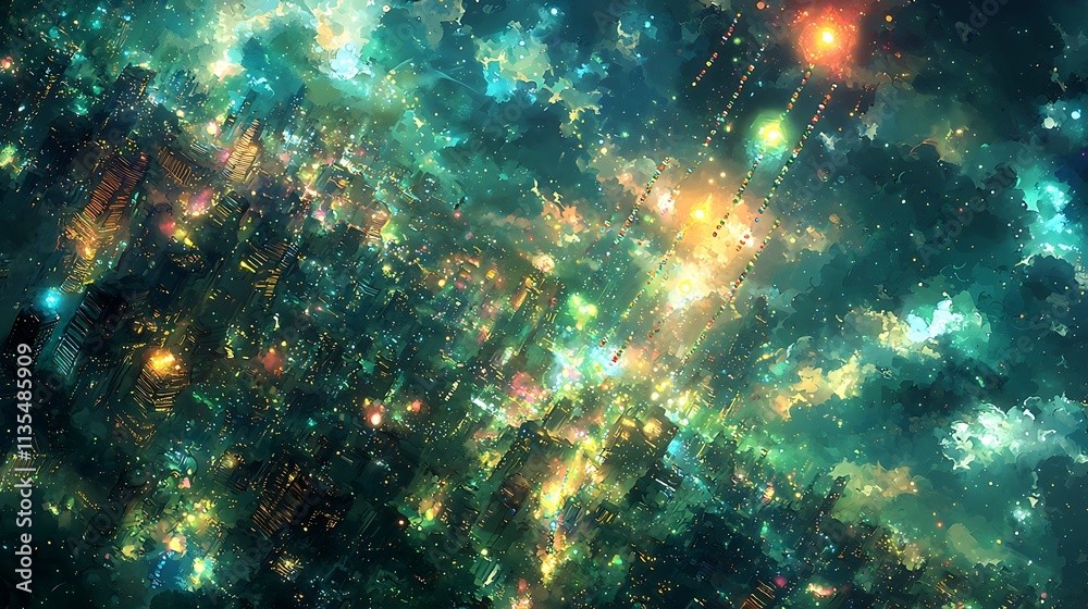 Obraz premium Futuristic city lights illuminate a vibrant, dynamic metropolis at night, seen from a high-angle perspective.