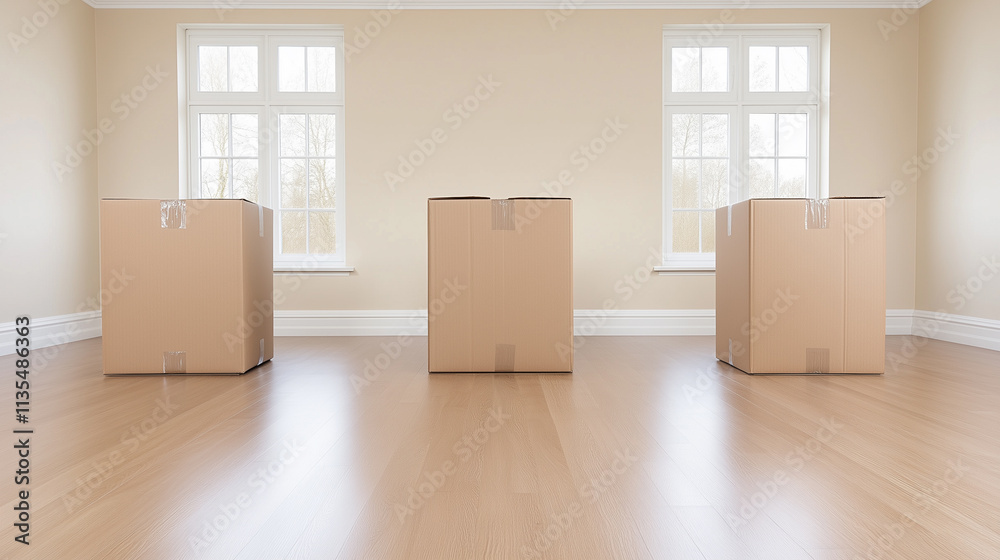 Three Cardboard Boxes in Empty Room Three Cardboard Boxes in Empty Room