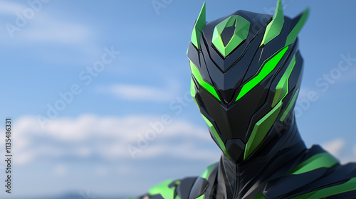 Close-up of Black and Green Futuristic Helmet and Suit photo