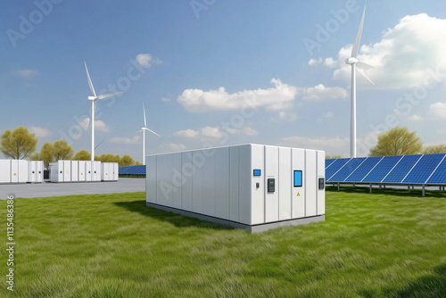 Renewable Energy Facility: Wind Turbines, Solar Panels, and Battery Storage Unit