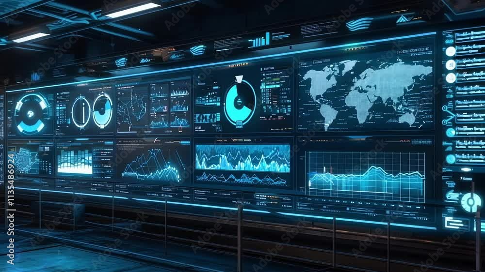 Multiple digital screens glow blue with changing charts, graphs, and maps. Innovative technology is monitoring international business data in a dark control room Multiple digital screens glow blue with changing charts, graphs, and maps. Innovative technology is monitoring international business data in a dark control room