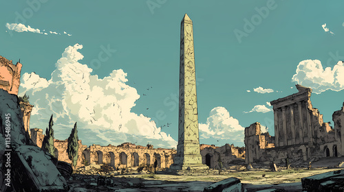 Behold the architectural marvel, the obelisk of theodosius, towering majestically amidst the ruins of istanbul's ancient roman hippodrome. Obelisk. Illustration photo