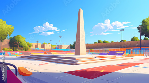 Egyptian obelisk in olympic stadium with colorful play area, skate park, under summer sky, in realistic style. Obelisk. Illustration photo