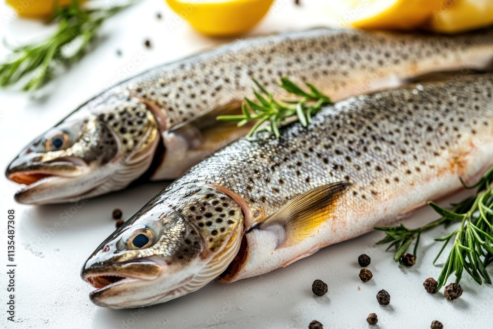 Two raw trouts with lemons and rosemary. Two raw trouts with lemons and rosemary.