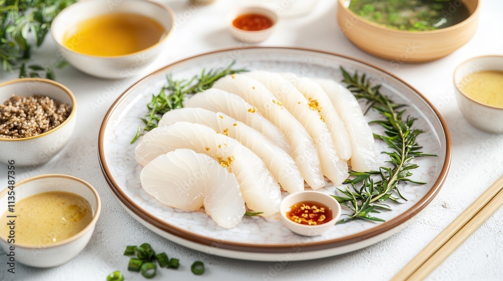 Elegant preparation of chinese raw fish slices for hotpot modern kitchen culinary art gourmet experience close-up view dining concept Elegant preparation of chinese raw fish slices for hotpot modern kitchen culinary art gourmet experience close-up view dining concept