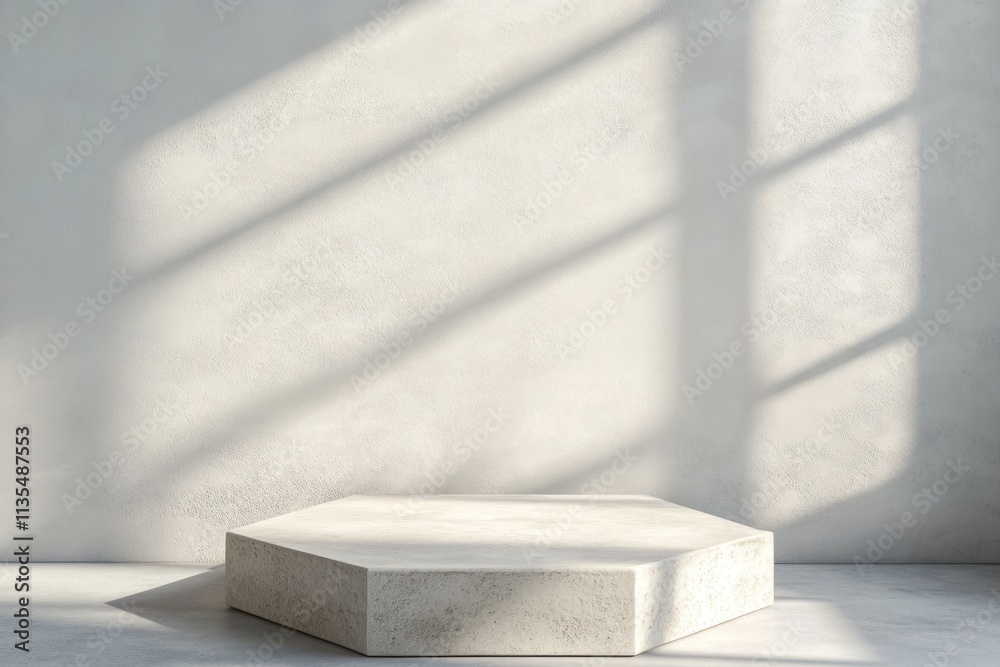 Empty hexagonal pedestal on sunlit textured wall. Empty hexagonal pedestal on sunlit textured wall.