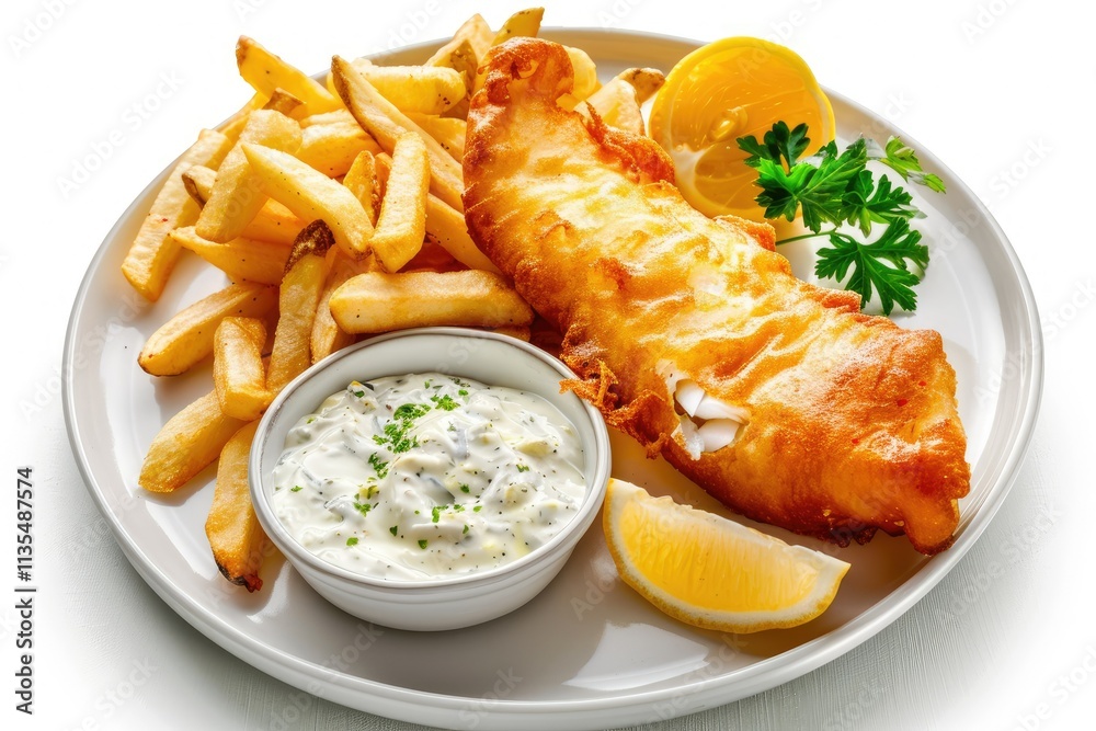 Classic British Fish and Chips Served with Tartar Sauce on a White Background Classic British Fish and Chips Served with Tartar Sauce on a White Background