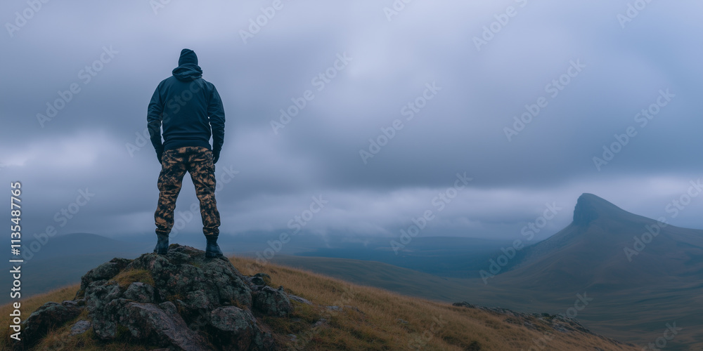Person in Camouflage on Mountain Peak Overlooking Misty Landscape Person in Camouflage on Mountain Peak Overlooking Misty Landscape
