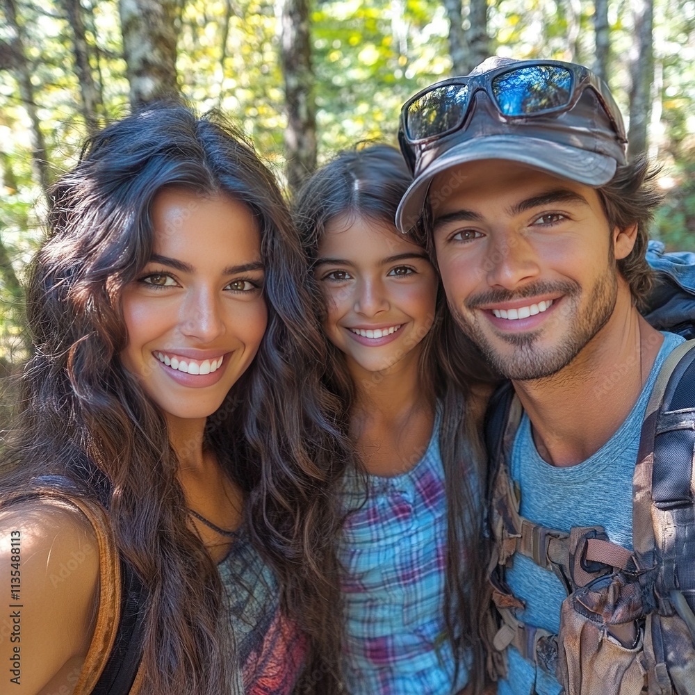 Happy family smiling for a selfie during a hike in the woods. Happy family smiling for a selfie during a hike in the woods.