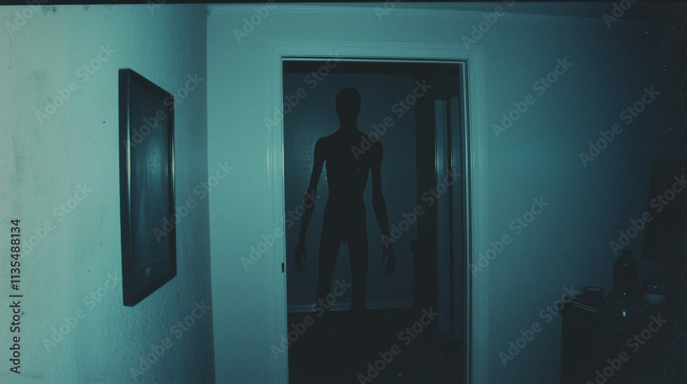 Fototapeta premium Silhouette of a mysterious figure standing in a doorway at night.