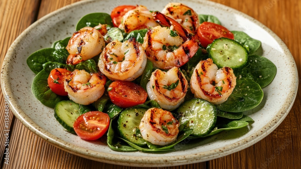 Grilled shrimp salad with spinach, cucumber, and tomato. Grilled shrimp salad with spinach, cucumber, and tomato.